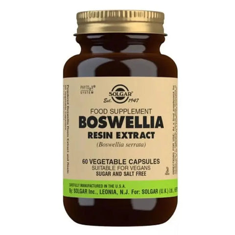 Solgar SPF Boswellia-Resin Extract 60 capsules bottle, featuring label with product name and brand details in a clear image.