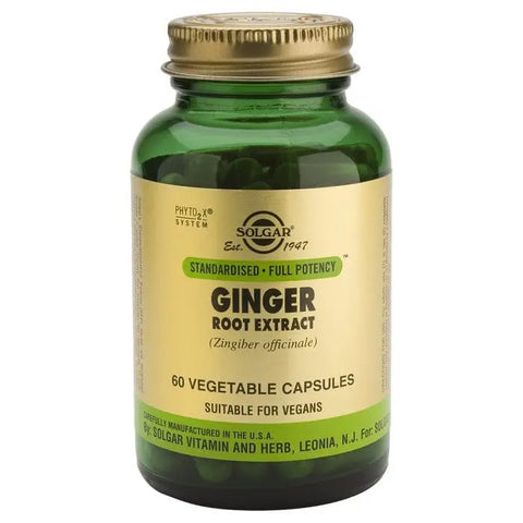 Solgar SPF Ginger Root capsules in a bottle, dietary supplement by Jag Couture London New York, with 60 capsules visible.