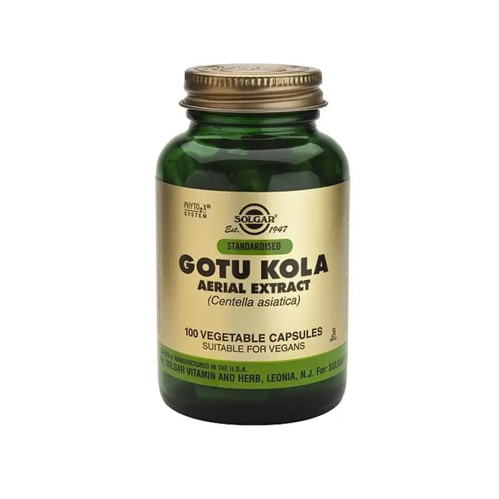Solgar SPF Gotu Kola Air Extract capsules in a bottle, natural herbal supplement for skin and mental health from Jag Couture London.