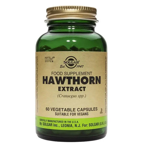 Solgar Hawthorn Berry SPF 60 capsules with natural herbal supplement in a bottle, highlighting protective skincare ingredients.