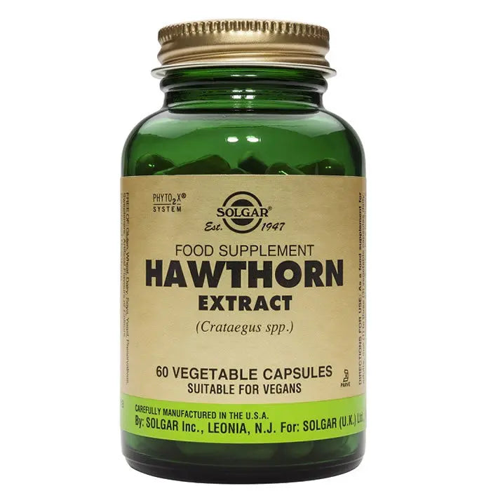 Jag Couture London New York Solgar Hawthorn Berry SPF 60 capsules bottle with label visible, showcasing supplement packaging.
