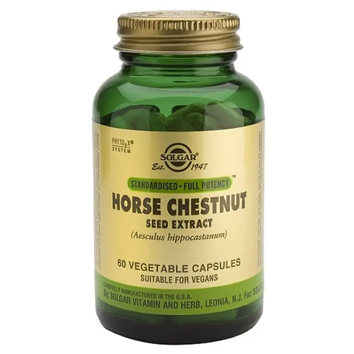 Solgar Horse Chestnut Seed Capsules in a bottle, dietary supplement for circulation health, by Jag Couture London New York.