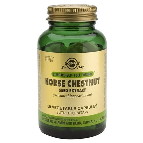 Solgar Horse Chestnut Seed Capsules in a bottle, dietary supplement for circulation health, by Jag Couture London New York.