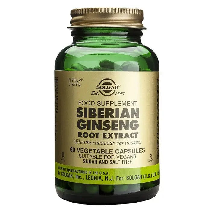 Solgar Siberian Ginseng Root capsules in a bottle, dietary supplement by Jag Couture London - New York.