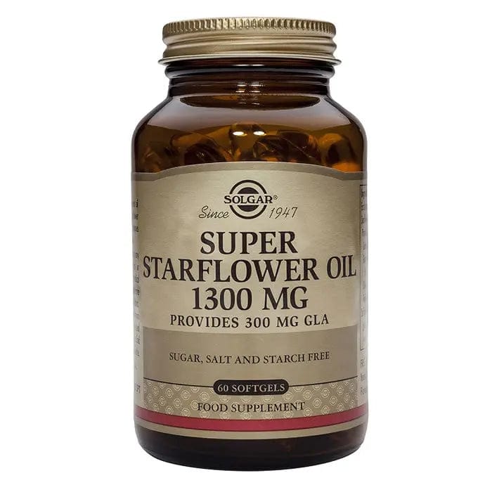 Solgar Super Starflower Oil 1300mg softgels, dietary supplement with starflower seed oil for skin and hormonal health.