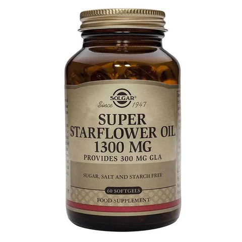Solgar Super Starflower Oil 1300mg softgels, dietary supplement with starflower seed oil for skin and hormonal health.