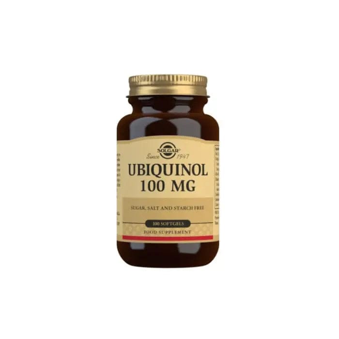 Solgar Ubiquinol 100 mg softgels in a pack of 50, showing the small, white softgel capsules on the bottle label.