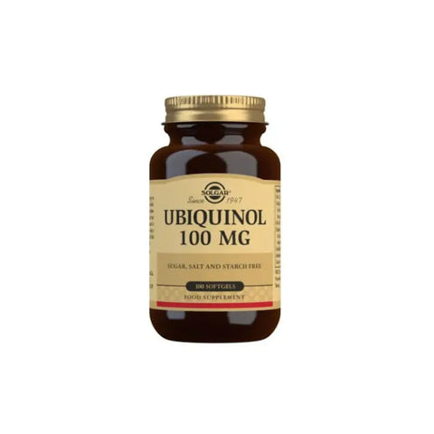 Solgar Ubiquinol 100 mg softgels in a bottle, dietary supplement, with 50 softgels, displayed against a neutral background.
