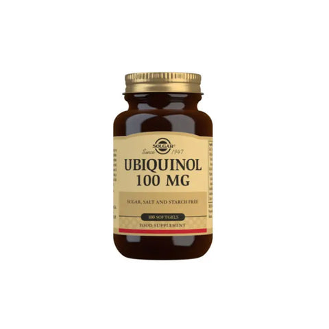Solgar Ubiquinol 100 mg softgels in a bottle, dietary supplement, with 50 softgels, displayed on a neutral background.