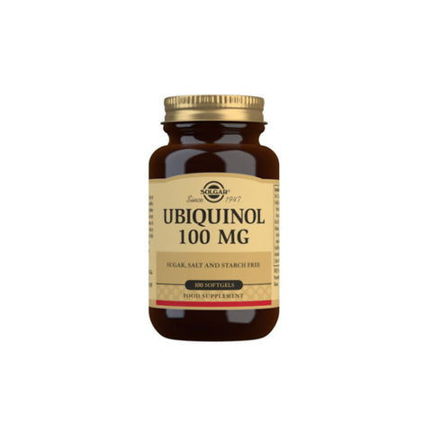 Solgar Ubiquinol 100 mg softgels in a bottle, dietary supplement for energy support, packaged in a clear container with softgel capsules.