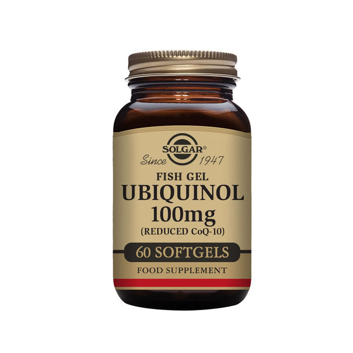Solgar Ubiquinol 100mg supplement in 60 softgels, shown in bottle with label, from Jag Couture London - New York.