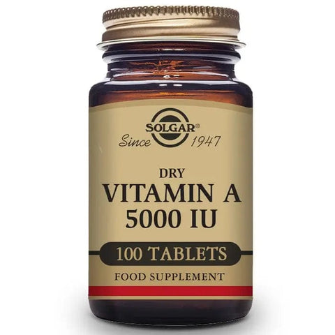Solgar Vitamin A Dried 5000 IU supplement in a bottle with 100 tablets, displayed on a neutral background.