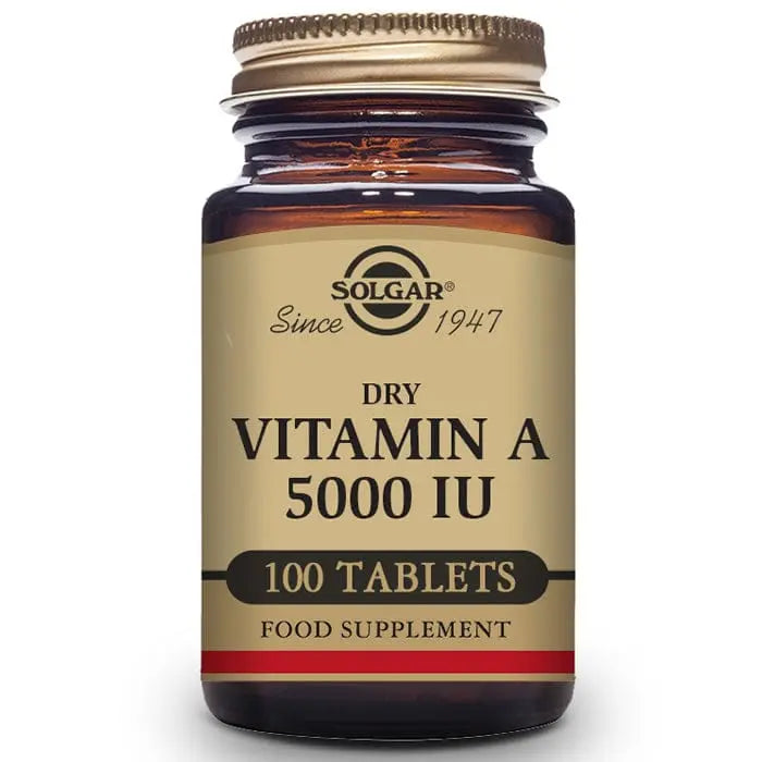Solgar Vitamin A Dried 5000 IU dietary supplement in a bottle of 100 tablets, shown with the product label.