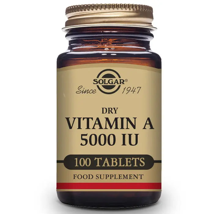 Solgar Vitamin A Dried 5000 IU dietary supplement in a bottle of 100 tablets, designed for health and wellness.