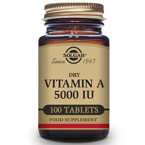 Solgar Vitamin A Dried 5000 IU dietary supplement in a bottle of 100 tablets, designed for health and wellness.