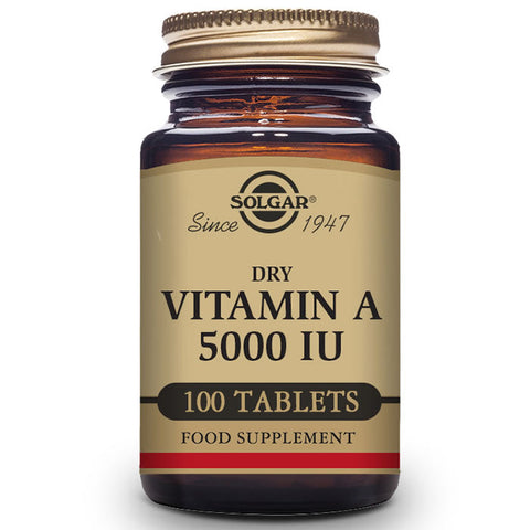 Solgar Vitamin A Dried 5000 IU supplement in a white bottle with 100 tablets, designed for eye and immune health.