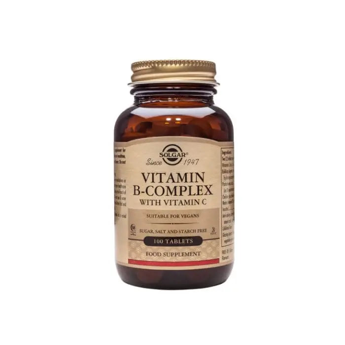 Solgar Vitamin B-Complex with Vitamin C tablets in a pack of 100, featuring the supplement bottle and label.