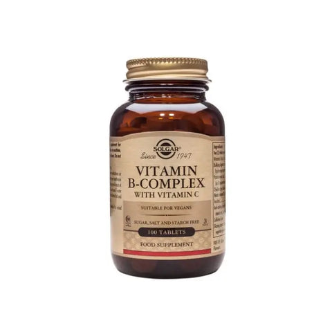 Solgar Vitamin B-Complex with Vitamin C tablets in a pack of 100, featuring the supplement bottle and label.