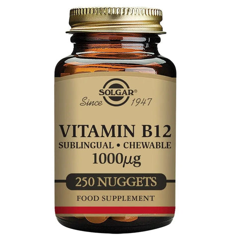 Solgar Vitamin B12 1000mcg Cyanocobalamin supplement in 250 tablets, with the packaging and label visible.