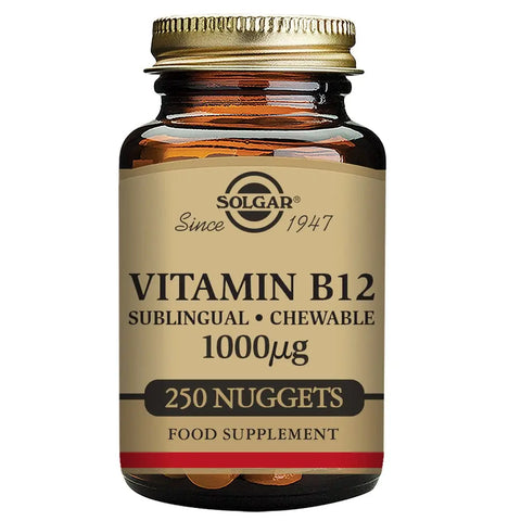 Solgar Vitamin B12 1000mcg Cyanocobalamin supplement in a bottle of 250 tablets, with the product label visible.