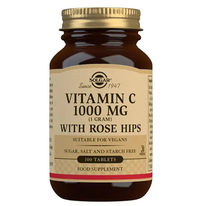Solgar Vitamin C 1g tablets with rose hip, dietary supplement in a bottle, by Jag Couture London - New York.