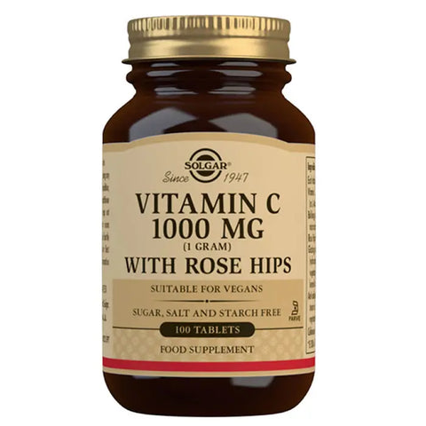 Solgar Vitamin C 1g tablets with rose hip, dietary supplement in a bottle, on a clean background.