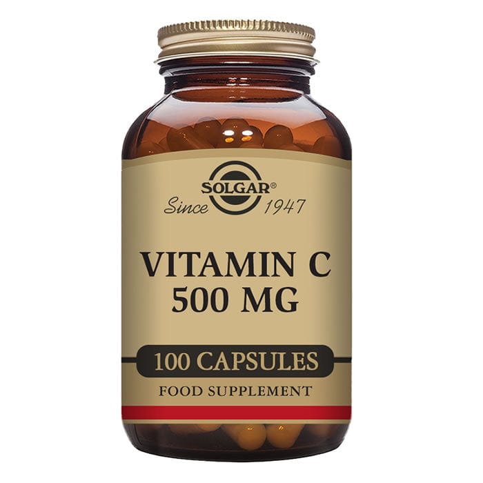 Solgar Vitamin C 500mg capsules in a bottle, dietary supplement by Jag Couture London - New York, 100 capsules included