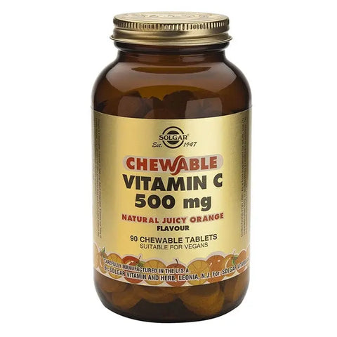 Jag Couture London New York Solgar Vitamin C orange flavor 500mg tablets, showing the bottle with label and tablets inside.
