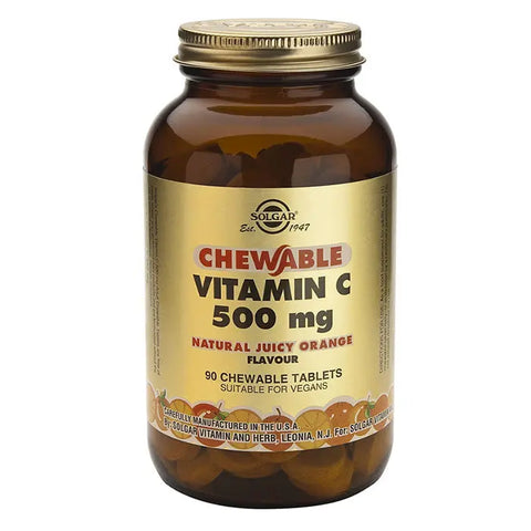 Jag Couture London New York Solgar Vitamin C orange flavor 500mg tablets, showing a bottle of 90 tablets with vibrant orange label.
