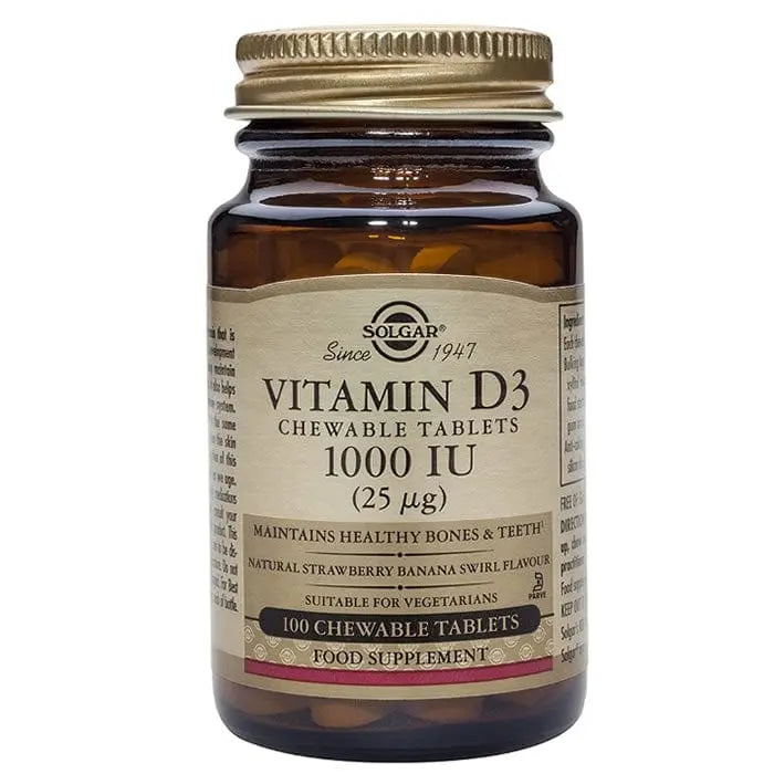 Solgar Vitamin D3 1000 IU bottle with 100 tablets, featuring white label with blue and gold accents and brand logo.