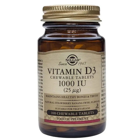 Solgar Vitamin D3 1000 IU bottle with 100 tablets, featuring white label with blue and gold accents and brand logo.