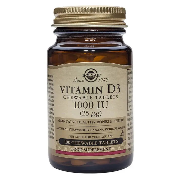Solgar Vitamin D3 1000 IU supplement bottle with 100 tablets, featuring white packaging and label detail.