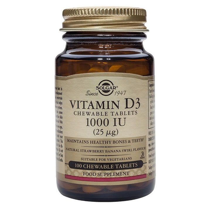Solgar Vitamin D3 1000 IU supplement bottle with 100 tablets, featuring the product label and packaging.