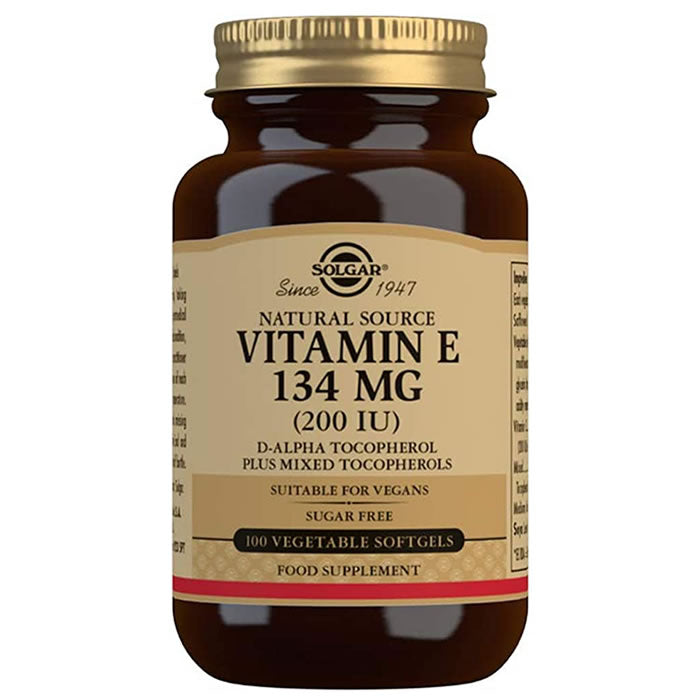 Solgar Vitamin E 134mg 200 IU softgels, dietary supplement in a bottle, displayed with softgel capsules on a white background.