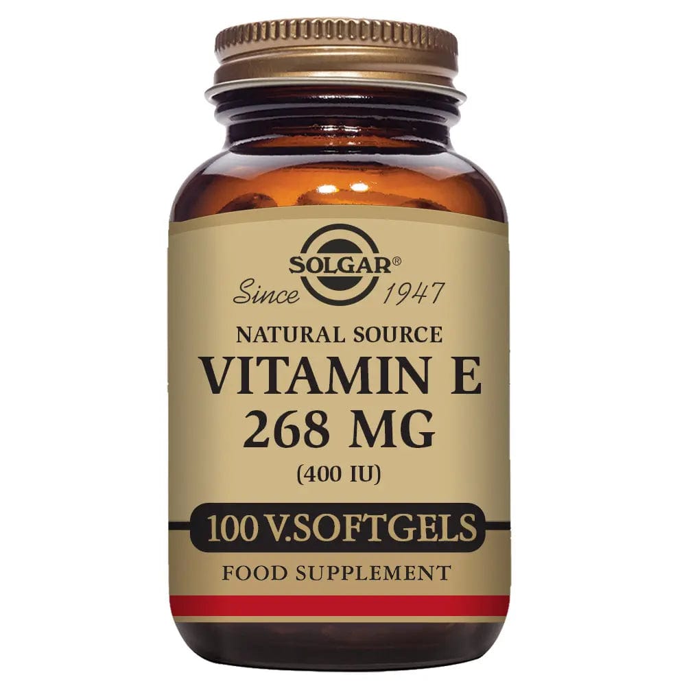Solgar Vitamin E 400 IU softgels in a bottle, dietary supplement, with 100 softgel capsules, displayed on a neutral background.