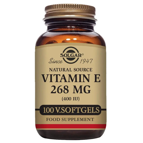 Solgar Vitamin E 400 IU softgels in a bottle, showing the supplement's label and clear plastic container.