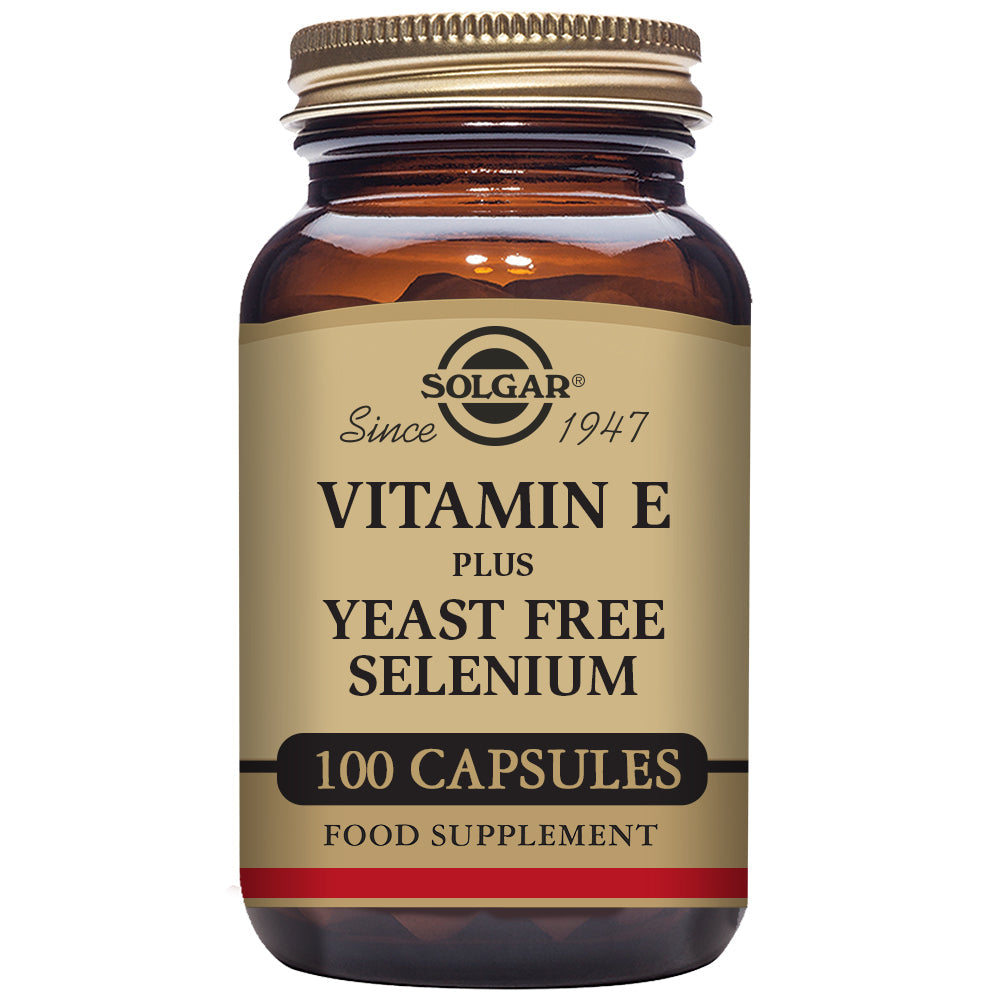 Solgar Vitamin E with Selenium supplement capsules by Jag Couture London - New York, shown in a clear bottle.