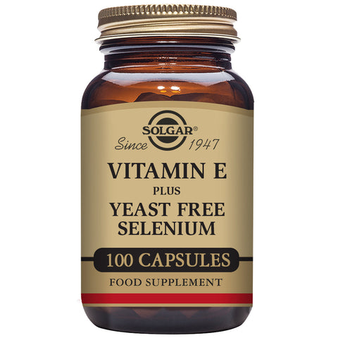Solgar Vitamin E with Selenium supplement capsules by Jag Couture London - New York, shown in a clear bottle.