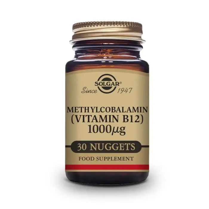 Solgar Vitamin B12 1000 μg capsules in a bottle, dietary supplement by Jag Couture London New York.