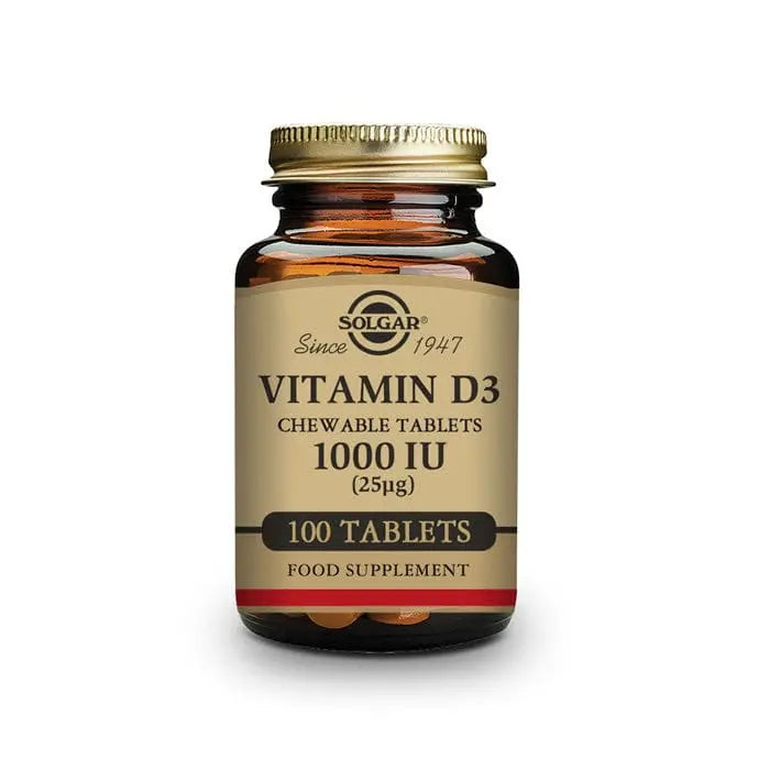 Solgar Vitamin D3 1000IU supplement in a bottle with 100 capsules, designed for bone health and immune support.