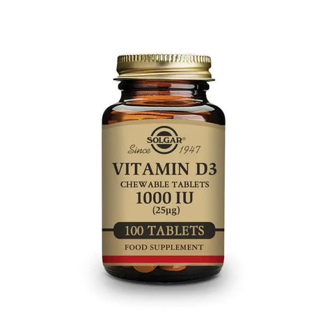 Solgar Vitamin D3 1000IU supplement in 100 capsules, displayed in a clear bottle with label showing the product details.