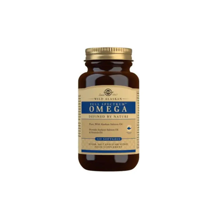 Solgar Wild Alaskan Full Spectrum Omega Softgels in a bottle, 120 softgels, dietary supplement for heart and joint health