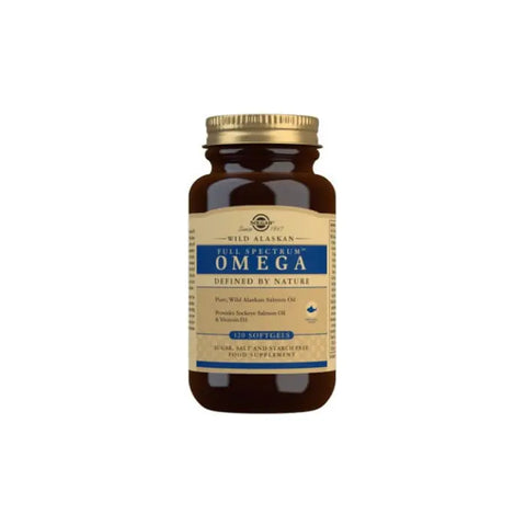 Solgar Wild Alaskan Full Spectrum Omega Softgels in a bottle, 120 softgels, dietary supplement for heart and joint health