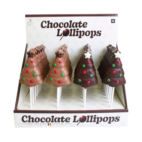 Solid decorated milk and dark chocolate Christmas tree lolly from Jag Couture London - New York, with colorful festive decorations.