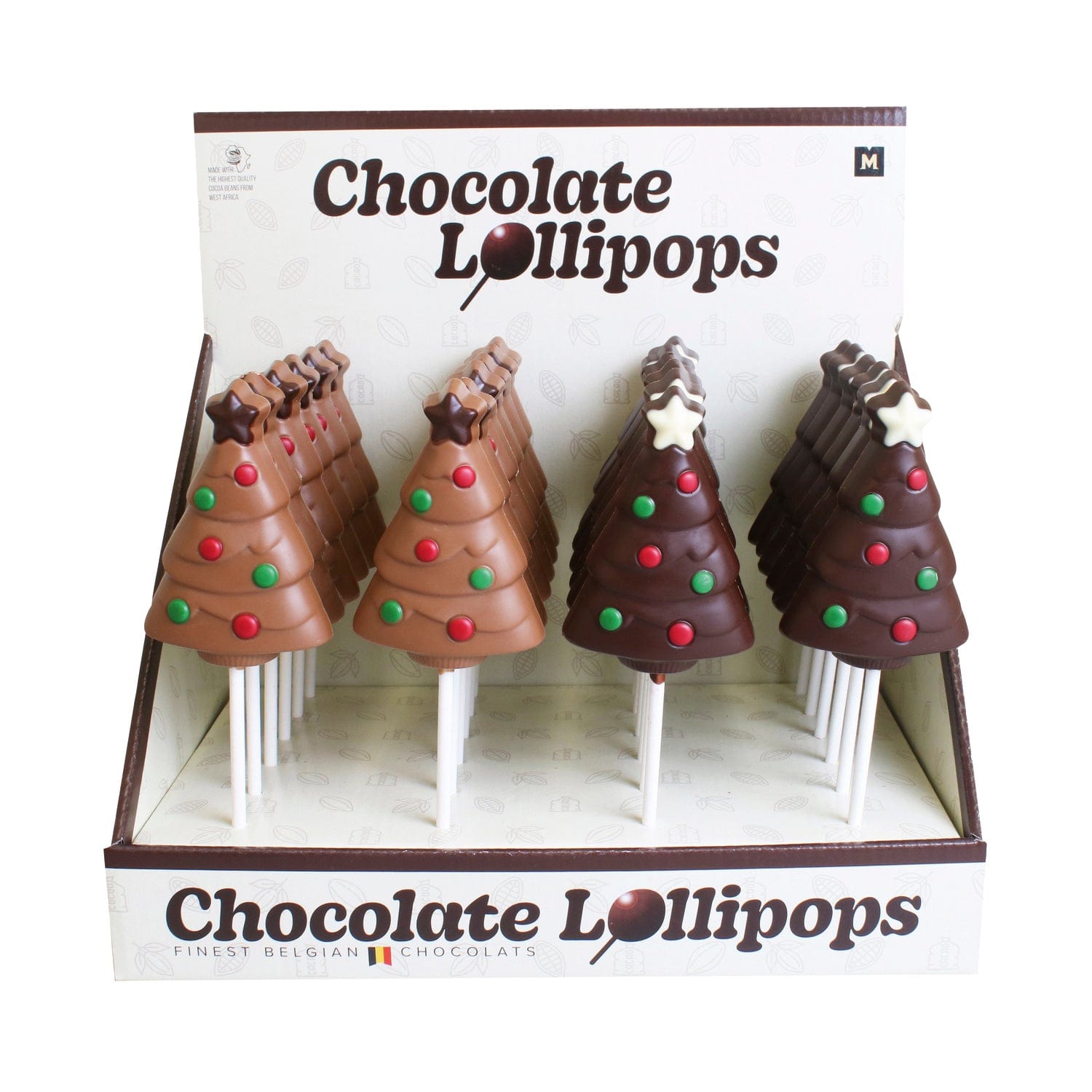 Decorated milk and dark chocolate Christmas tree lolly by Jag Couture London - New York, with colorful festive chocolate details.