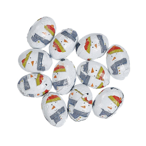 Solid milk chocolate balls in snowman design foil from Jag Couture London - New York, shown in festive holiday packaging.