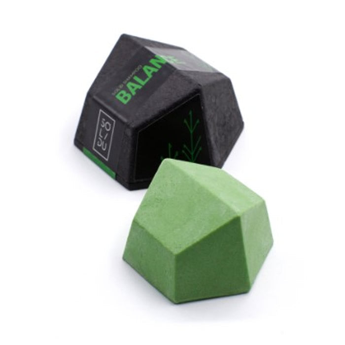 Solidu The Balance Rosemary & Mint Shampoo Bar for oily hair by Jag Couture London in 70g, showing the shampoo bar with rosemary and mint.
