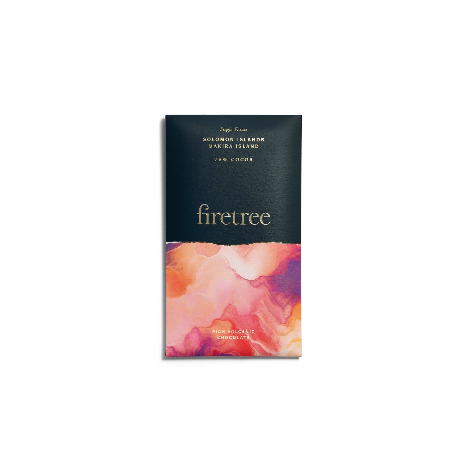 Dark volcanic chocolate bar from Solomon Islands Makira Island by Jag Couture London New York, showcasing rich 75% cacao content.