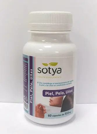 Jag Couture London Sotya Pelo Piel y Uñas 520mg capsules, showing the supplement bottle with label and capsules inside.