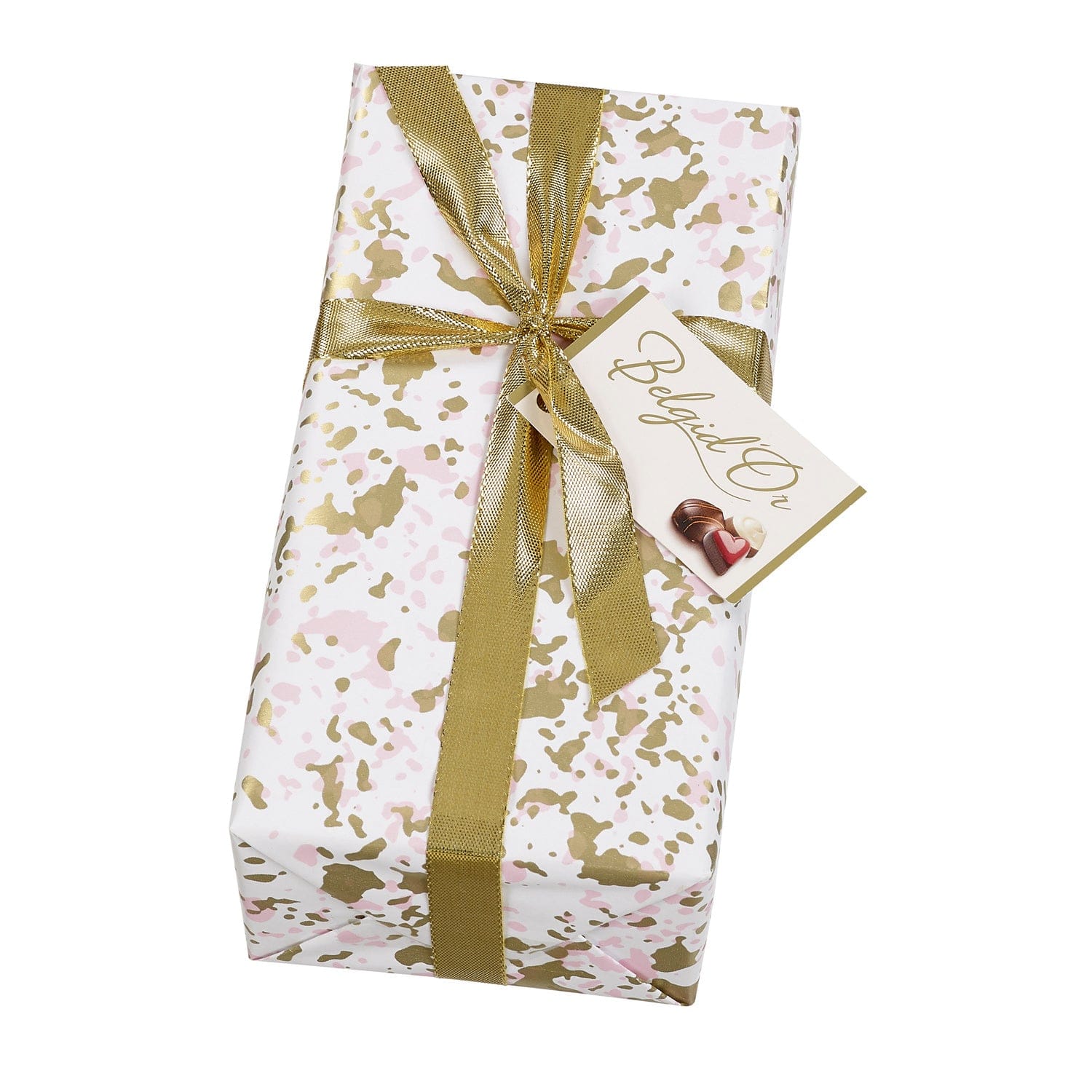 Splatter design gift-wrapped ballotin of assorted Belgian chocolates by Jag Couture London New York, beautifully presented.